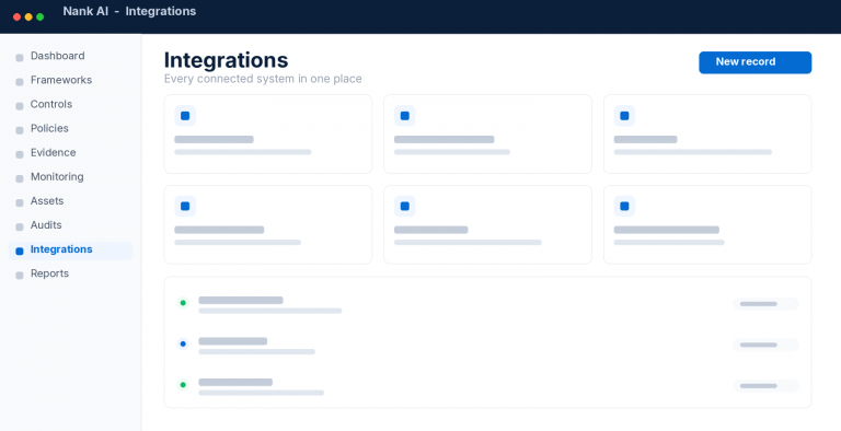 Nank AI integrations screen showing connected third party systems
