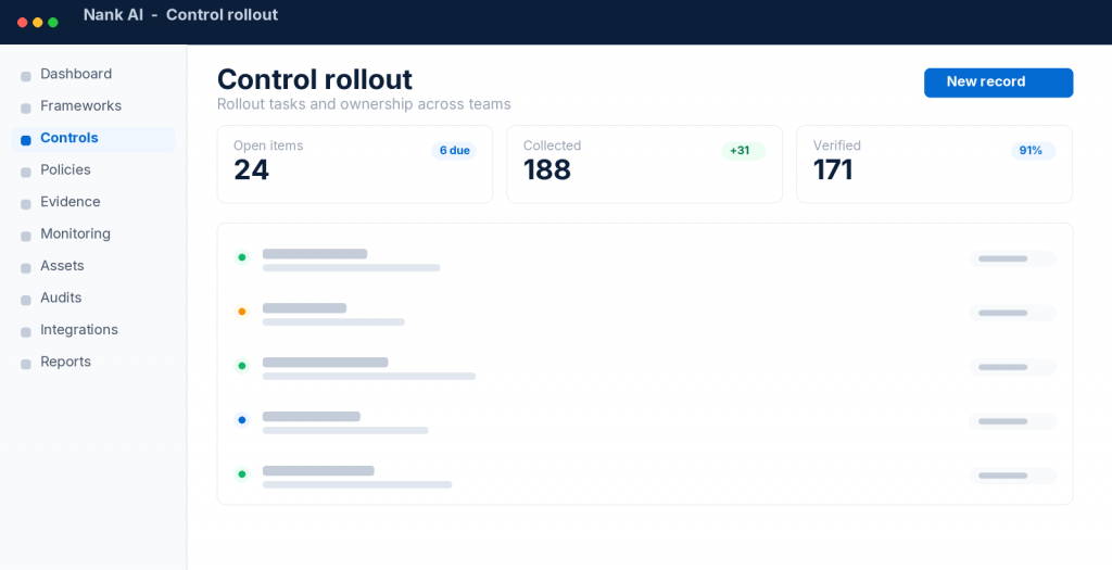 Nank AI control rollout screen showing implementation tasks and ownership